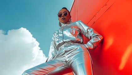 hip hop pop music fashion model posing on orange wall silver latex outfit 