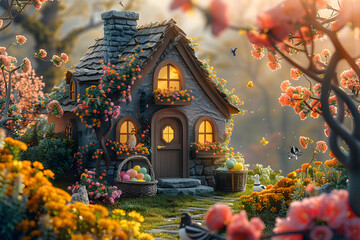 A charming Easter cottage with a basket of colorful eggs.