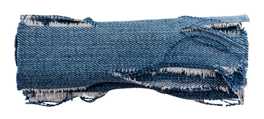 Twisted piece of blue denim on a white background. Material. Denim fabric isolate