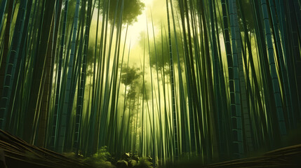 Fototapeta premium Tranquil bamboo forest, tall bamboo stalks create a dense and peaceful atmosphere