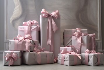 pink gift boxes with pink ribbons in the interior of the room