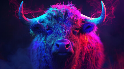 Neon Colors Buffalo head Image AI Generated