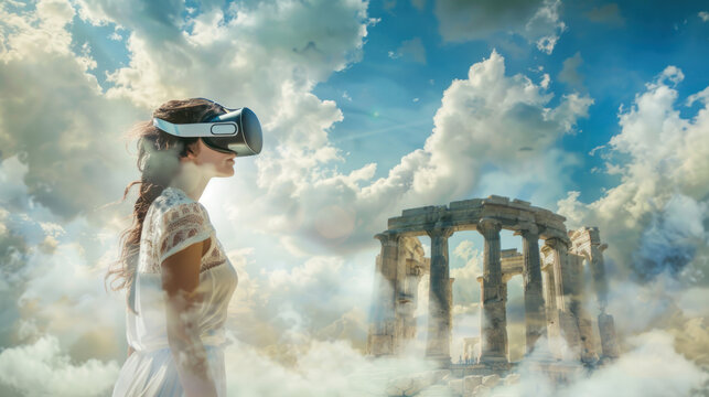 woman stands amidst clouds with a virtual reality headset on, her image overlaying the ancient ruins of a Greek temple, suggesting the blending of modern technology with historical exploration