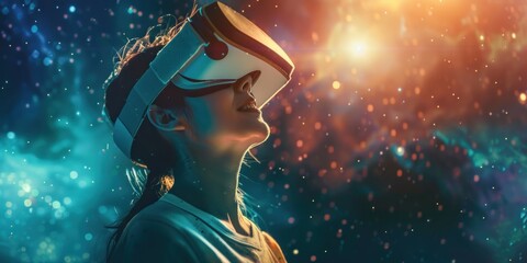 a woman immersed in a virtual reality experience, surrounded by a cosmos of stars and nebulae, which could be used for advertising VR technology, inspiring space-themed digital art, or promotions 