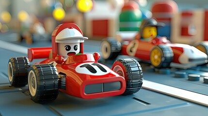 Toy race car with a cartoon character on a colorful track.