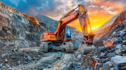 Excavator operating in a rocky quarry at sunset. - obrazy, fototapety, plakaty