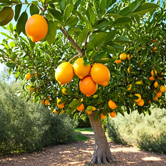 Giant orange fruits on a miniature tree in the garden. Generative AI