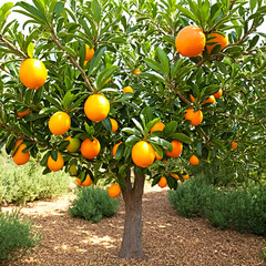 Giant orange fruits on a miniature tree in the garden. Generative AI