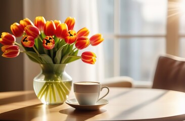 White and light pink red yellow tulips bouquet in vase glass with mug cup of coffee latte cappuccino sun light window modern interrior bokeh spring