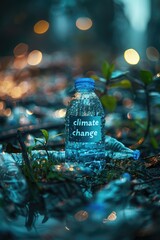 Plastic bottle with climate change label amidst dewy foliage.