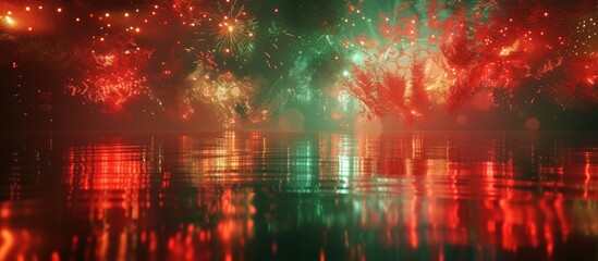 Bright red and green fireworks light up the night sky, reflecting in the shimmering waters below. The colorful explosions create a vibrant and dynamic display over the tranquil body of water. - Powered by Adobe