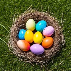 Colorful Easter eggs in a nest on the grass. Generative AI