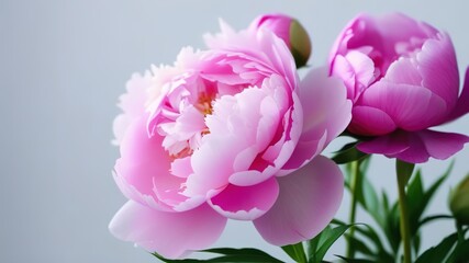 Pink peonies on the right side banner grey solid background space for text copy space close up flowerspetals leaves garden flowers