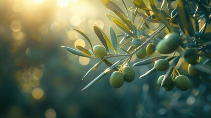 Olive branch bathed in golden sunlight with a soft bokeh.