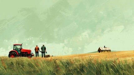 Stylized artwork of farmers with a tractor on a field, overlooking a barn. - obrazy, fototapety, plakaty
