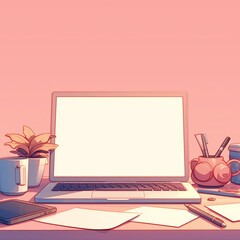 Cartoon Workplace. A laptop on the table, various auxiliary items. High quality photo. Generated by AI