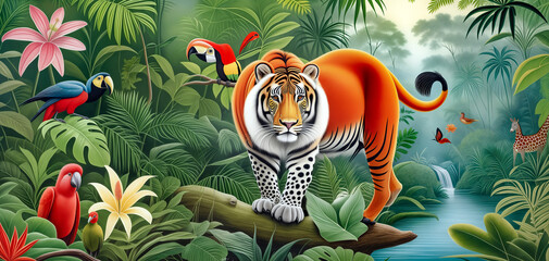 Jungle, tropical illustration. Magical fantasy animals, birds in enchanted fairy tale jungle. Amazon forest with fabulous animals, palm trees. wallpaper for kids room, interior design. mural art