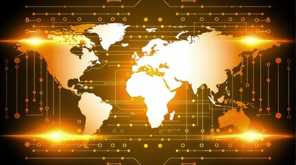 A glowing digital world map overlays a dark, intricate circuit board, symbolizing global connectivity and technology. Technology unites, continents ignite.