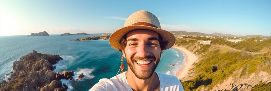 Happy young guy taking a selfie on the background of the sea, banner