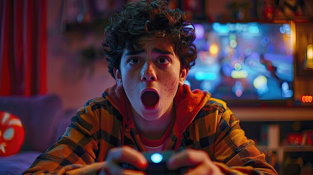 Teenager with a game controller in a colorful room.