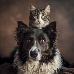 Close Bond Between a Tabby Cat and Black Border Collie Captured in a Warm Indoor Setting. AI.