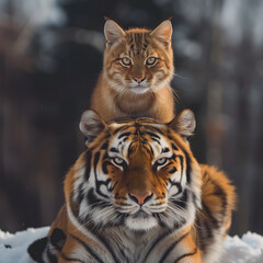 Majestic Tiger With a Domestically Friendly Cat Perched on Its Head in a Snowy Environment. AI.