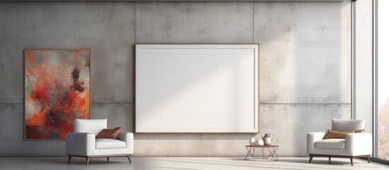 A modern living room with two white chairs positioned in front of a large painting hanging on the wall. The chairs are sleek and minimalist in design,
