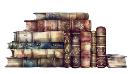 Victorian Book Illustration: An illustration of a stack of vintage books with decorative bindings and aged pages. Isolated Vintage Vector. White Background. Old School. - obrazy, fototapety, plakaty