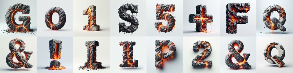Raw stone and lava 3D Lettering Typeface. AI generated illustration