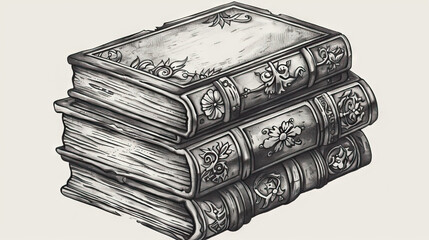 Victorian Book Illustration: An illustration of a stack of vintage books with decorative bindings and aged pages. Isolated Vintage Vector. White Background. Old School.
