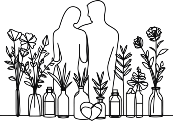 romantic couple in continuous line drawing minimalist, simplicity contour,