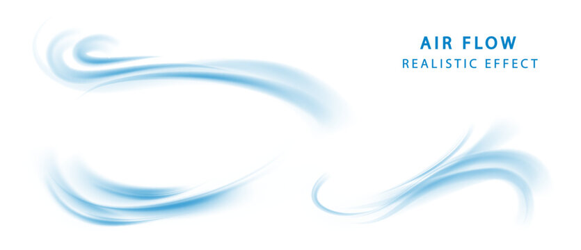 Blue air flow wave effect set. Waves showing a stream of clean fresh air. Png isolated and vector design element