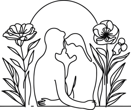 romantic couple in continuous line drawing minimalist, simplicity contour,