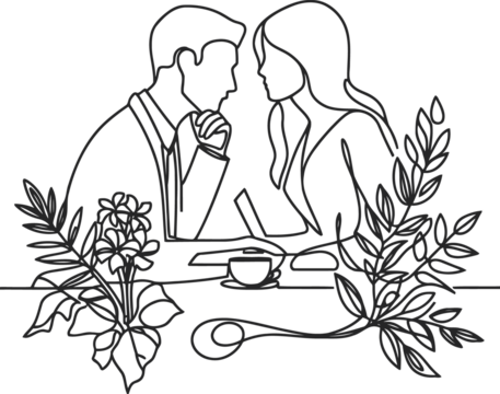 romantic couple in continuous line drawing minimalist, simplicity contour,