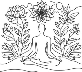 meditation yoga in continuous line drawing minimalist, simplicity contour.
