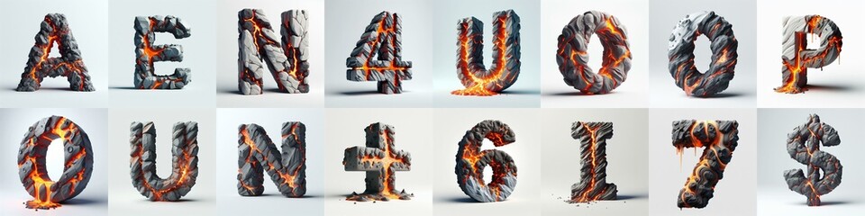 Raw stone and lava 3D Lettering Typeface. AI generated illustration