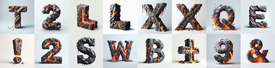 Raw stone and lava 3D Lettering Typeface. AI generated illustration