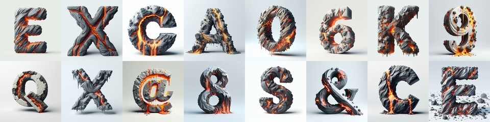 Raw stone and lava 3D Lettering Typeface. AI generated illustration