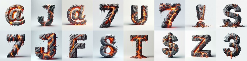 Raw stone and lava 3D Lettering Typeface. AI generated illustration