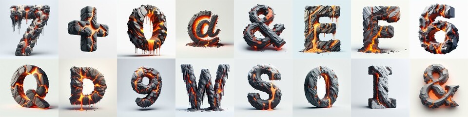 Raw stone and lava 3D Lettering Typeface. AI generated illustration