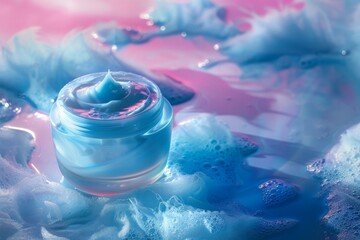 Facial skin repairing polish skin care cream. Skincare treatment products: wellness restoration lotion, skincare background gel, oil, pipette with massage serum and body jar pot