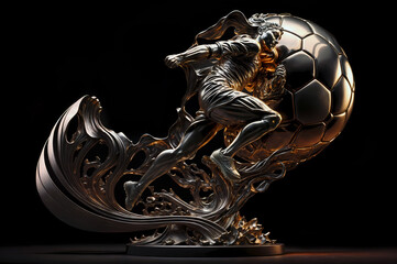 Abstract Golden statue of a soccer player running and kicking a ball on black background.