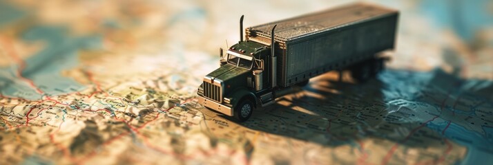 Top view of a model of a truck standing on a map, freight transportation concept, banner - obrazy, fototapety, plakaty