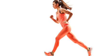 Action shot of running girl isolated on a transparent or white background. Side view. Sport and healthy lifestyle.


