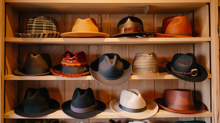 A collection of fashionable hats, including fedoras, beanies, and baseball caps, displayed on a shelf. - obrazy, fototapety, plakaty