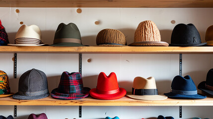 A collection of fashionable hats, including fedoras, beanies, and baseball caps, displayed on a shelf. - obrazy, fototapety, plakaty
