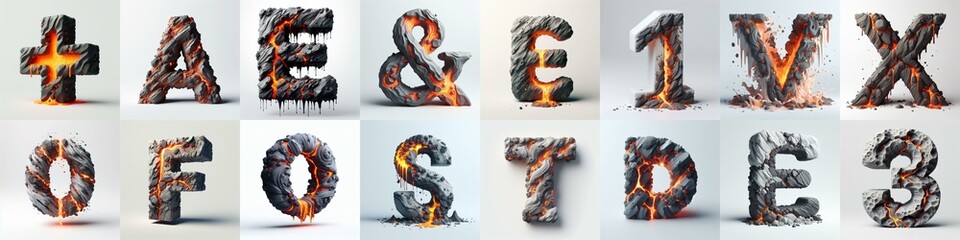 Raw stone and lava 3D Lettering Typeface. AI generated illustration