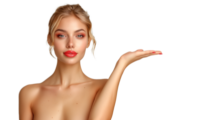 Imagem de estética e depilação: Linda jovem mostrando a pele lisa e perfeita em fundo transparente.