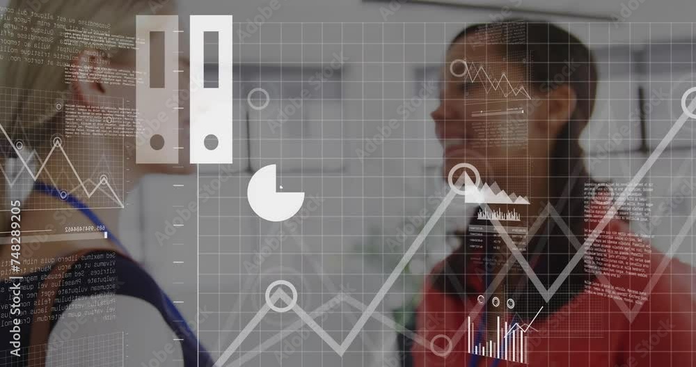 Poster animation of data processing with business icons over diverse colleagues discussing work in office