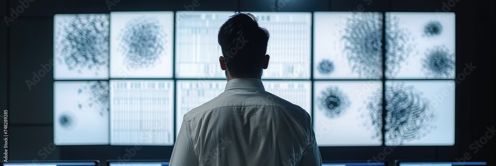 Poster man analyzing fingerprints on monitors - in a dimly lit control room, a man in a white shirt is inte